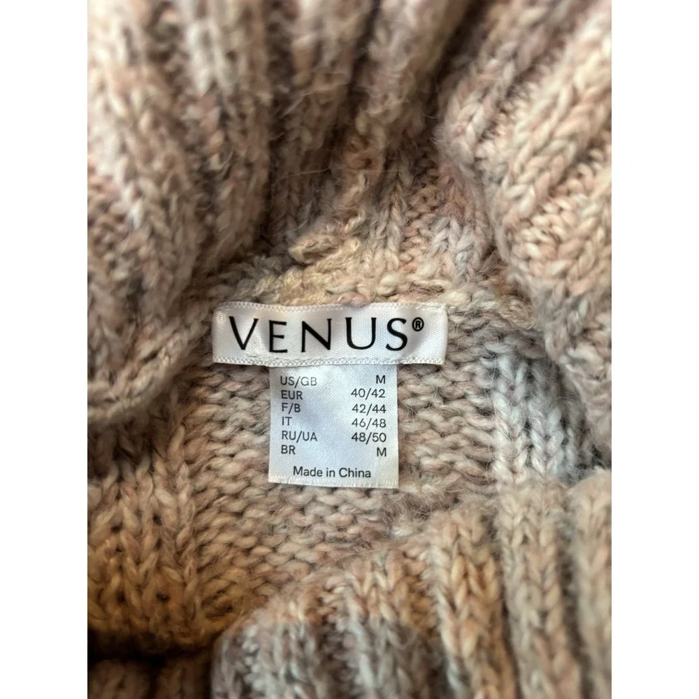 Venus Turtleneck Sweater Women M Marled Pink & Gray Fringe Hem Short Soft Cozy
